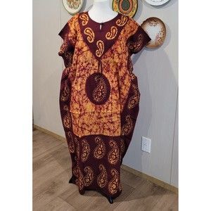 Gold and Burgundy/Brown block print Cotton caftan